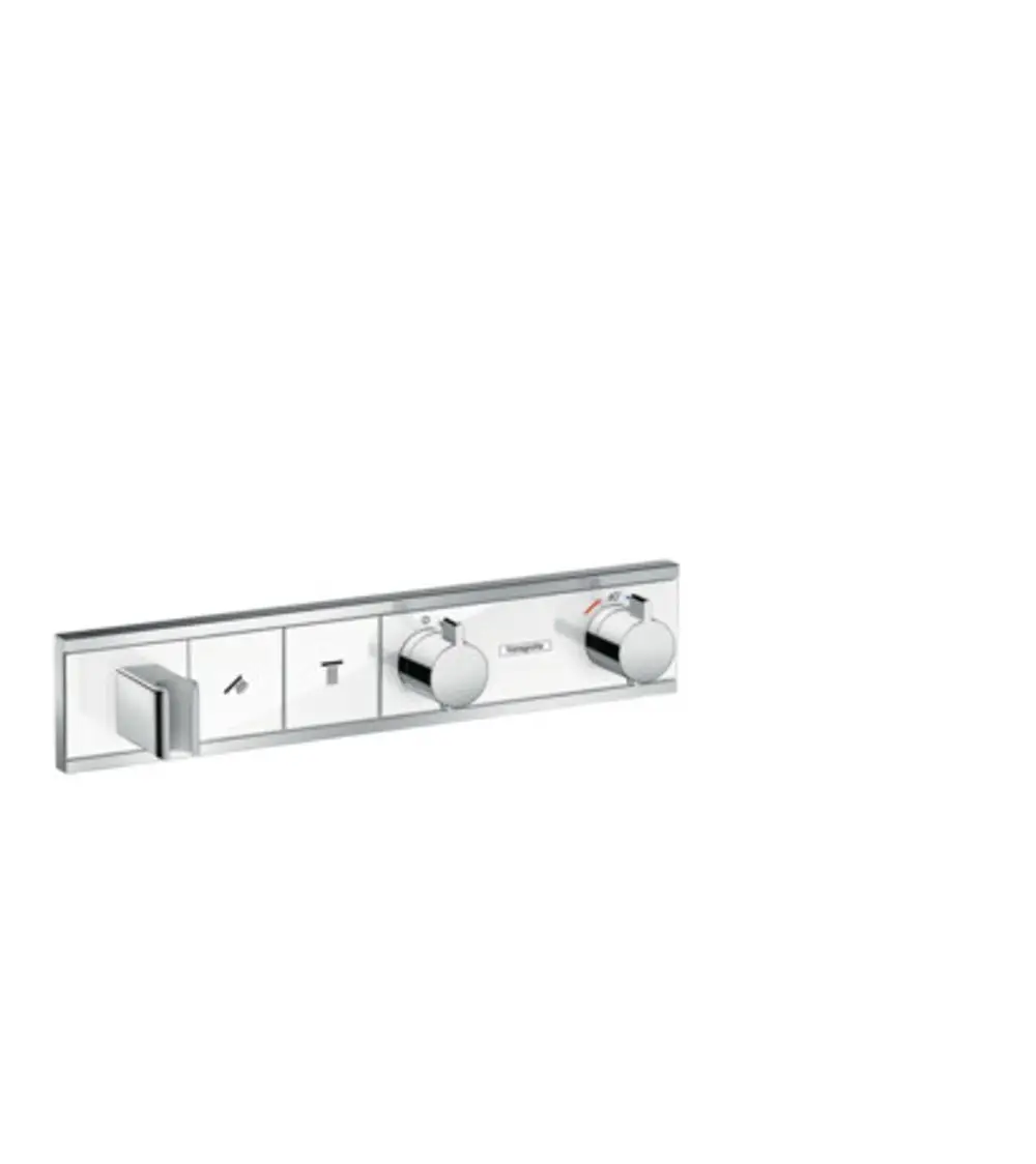 Thermostat-Bedienelement von Hansgrohe mit Steuerungsgriffen für zwei Verbraucher und integriertem Brausehalter in Chrom und weißem Design.
